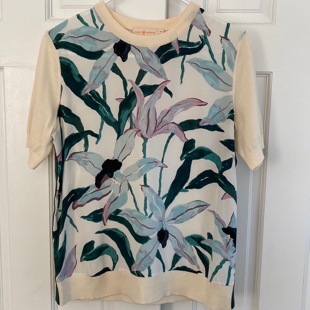 Tory Burch silk screen front short sleeve sweater